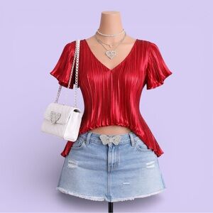Vintage Y2K Mini Pleats Red Pleated Blouse | Size S